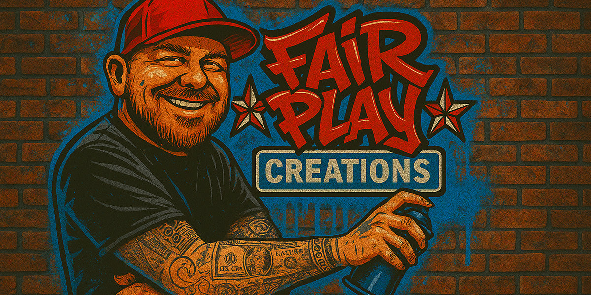 Illustration of a man with tattoos holding a sign with 'Fair Play Creations' on a brick wall background.