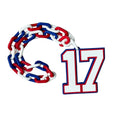 Red, white, and blue chain-like design with number 17 on a gray wooden surface