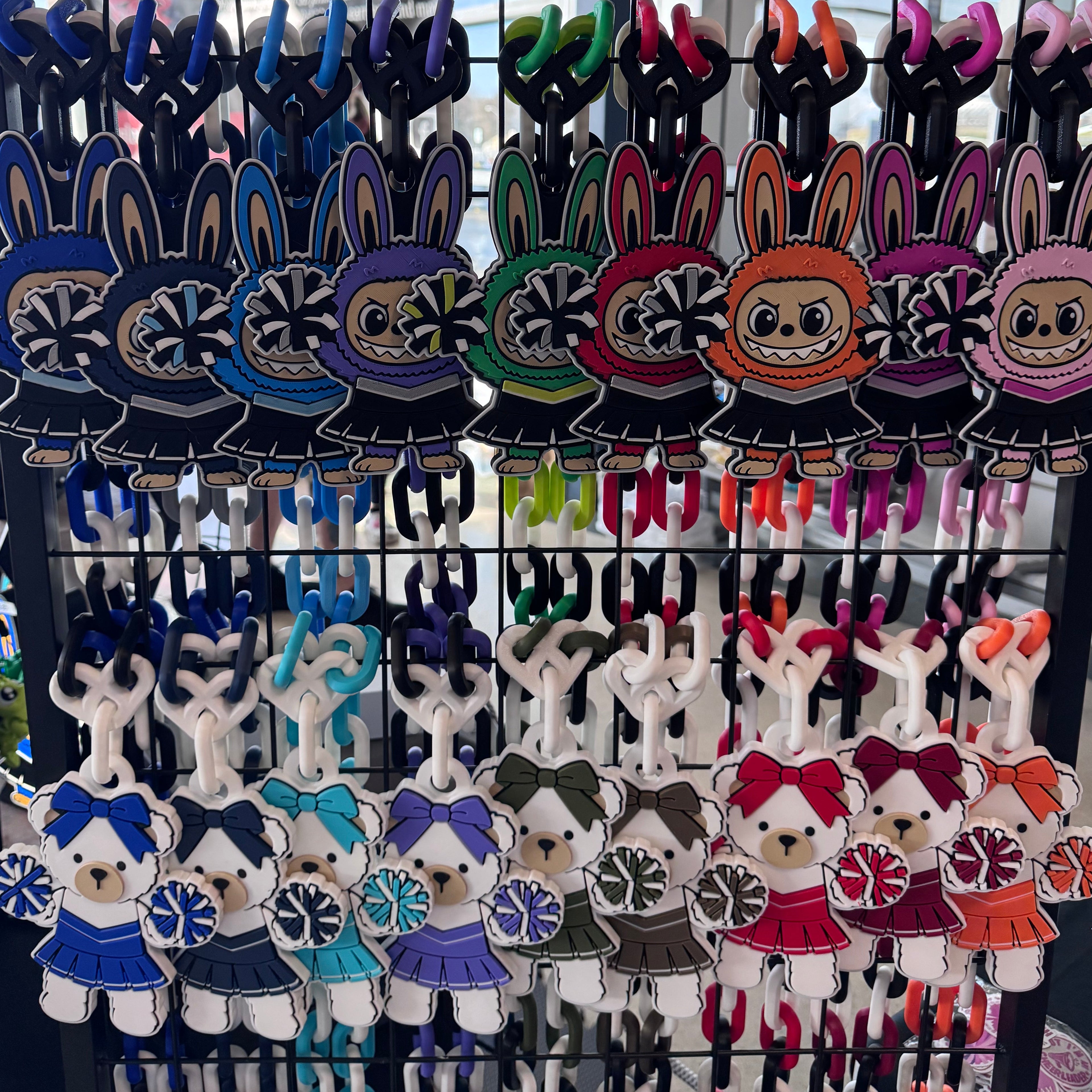 Display of colorful hype chains in a store setting