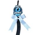 Black belt with a white ribbon and 'HIT ZERO' label on a wooden surface