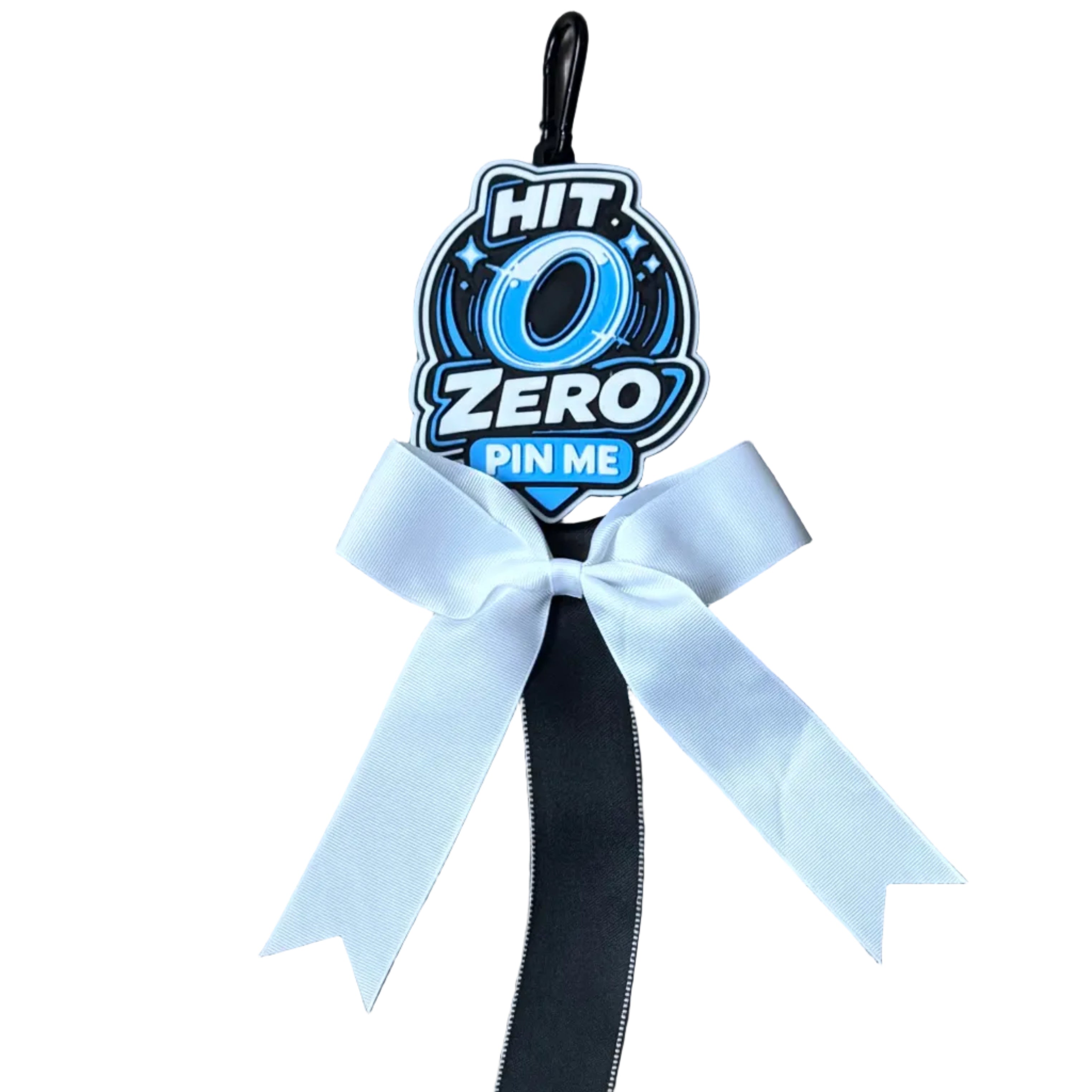 Black belt with a white ribbon and 'HIT ZERO' label on a wooden surface