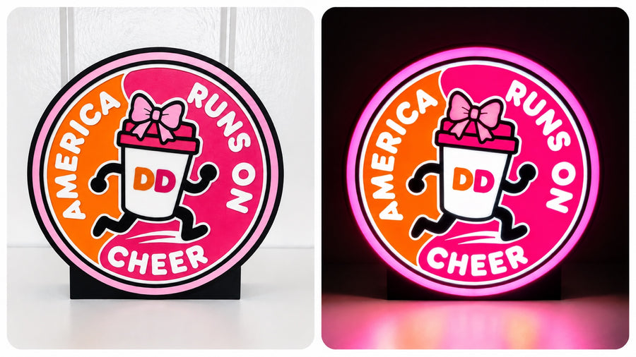 America Runs on Cheer lightbox shown unlit and illuminated side by side