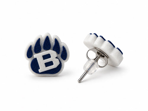 Brighton Bruins B Paw Stud Earrings — front and side views of 3D-printed earrings with stud posts