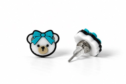 Cheer Bear Blue Bow Stud Earrings pair of 3D-printed earrings