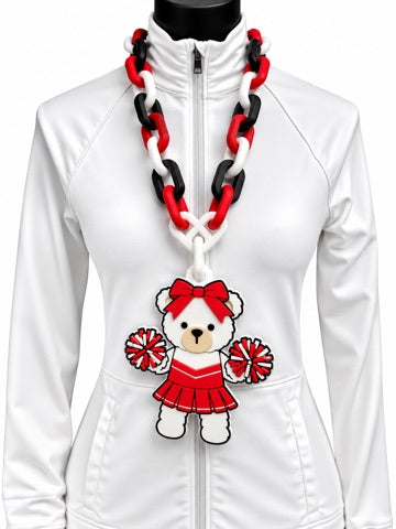 White Cheer Bear with red bow and pom-poms Hype Chain necklace