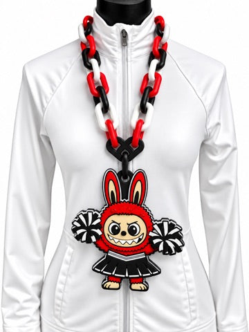 Cheer Monster Hype Chain with red furry cheer monster pendant and black white red chain