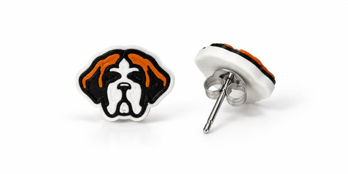 Churchville-Chili Saints St. Bernard Stud Earrings — front and side views of 3D-printed earrings with stud posts