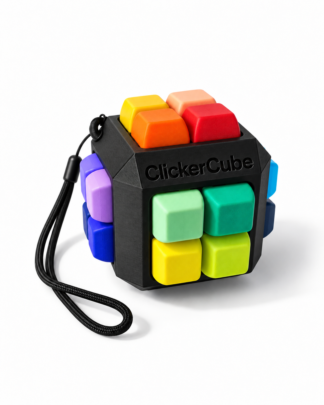 ClickerCube Mini angled three-quarter view with colorful mechanical keycaps and black strap on white background