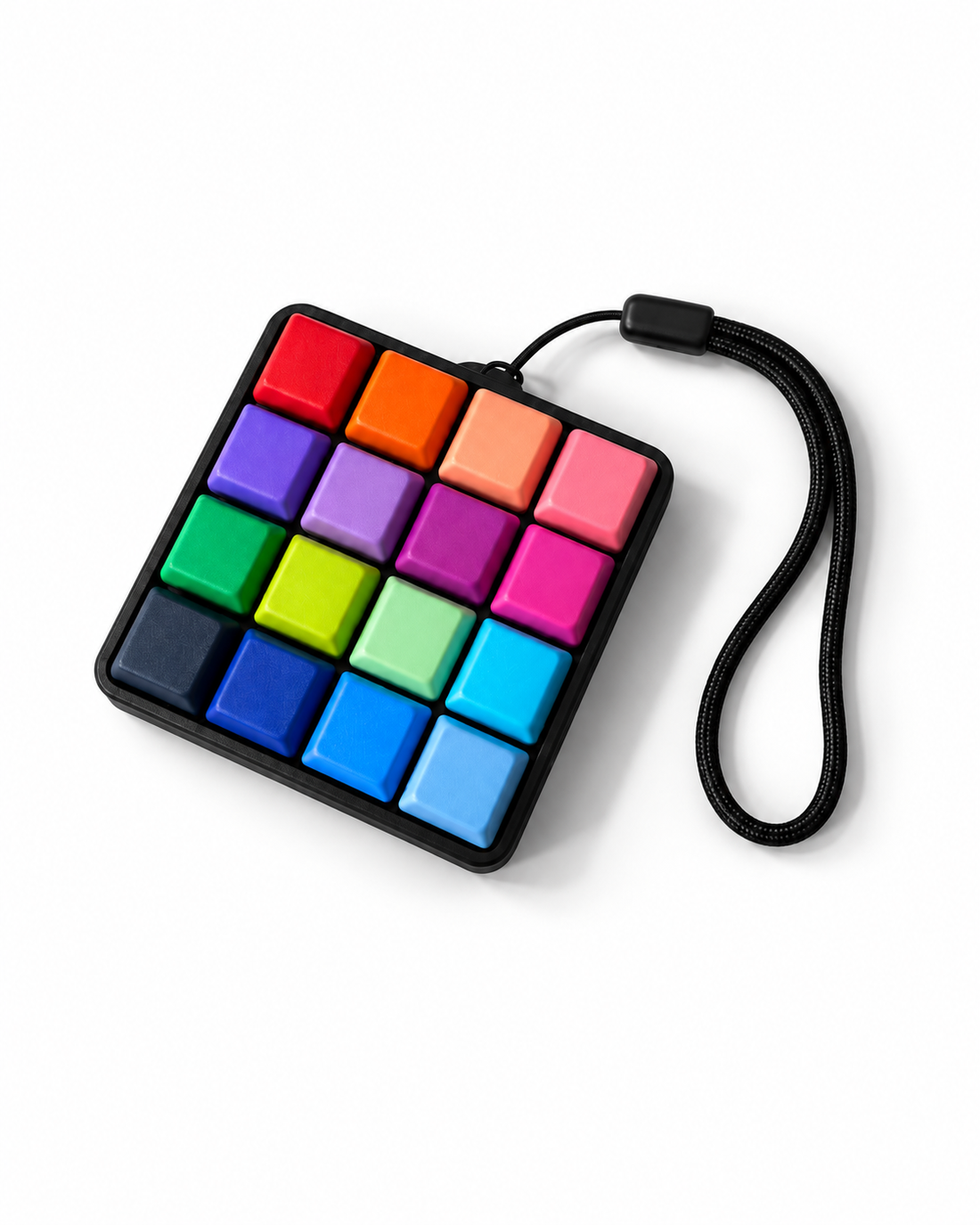 ClickerPad Max 4x4 colorful mechanical fidget with black wrist strap, on a seamless extended white portrait background