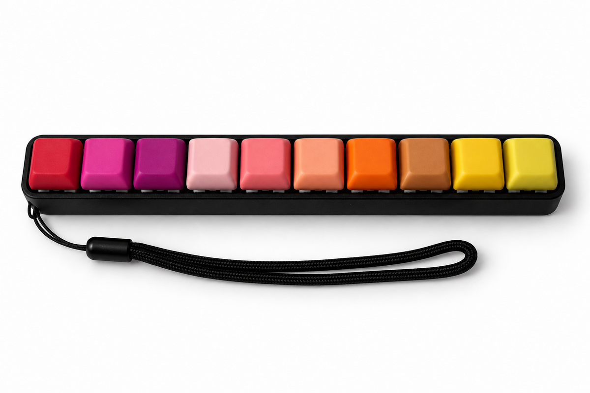 ClickerBar X ten-key bar fidget in black with red pink orange and yellow keycaps and black wrist lanyard on white background