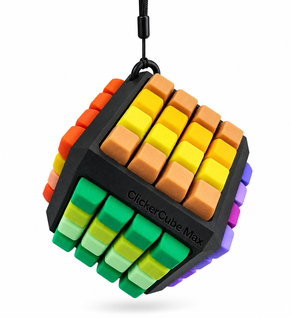 ClickerCube Max with 96 colorful keycaps, black six-faced 3D printed housing and lanyard on white background