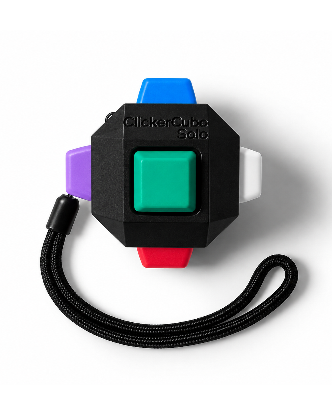 ClickerCube Solo six-face fidget with colorful keys in black housing and black wrist strap against white background