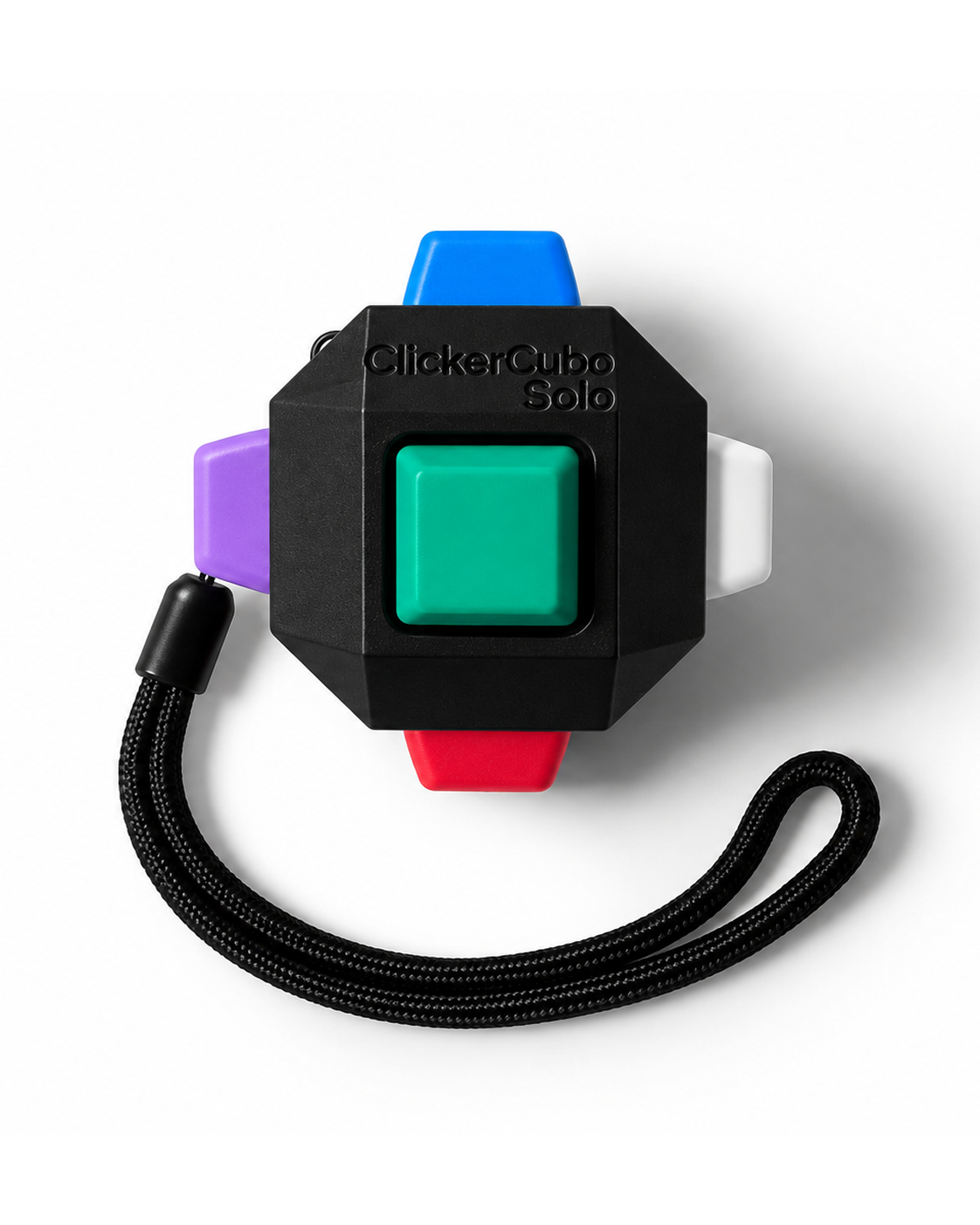 ClickerCube Solo six-face fidget with colorful keys in black housing and black wrist strap against white background