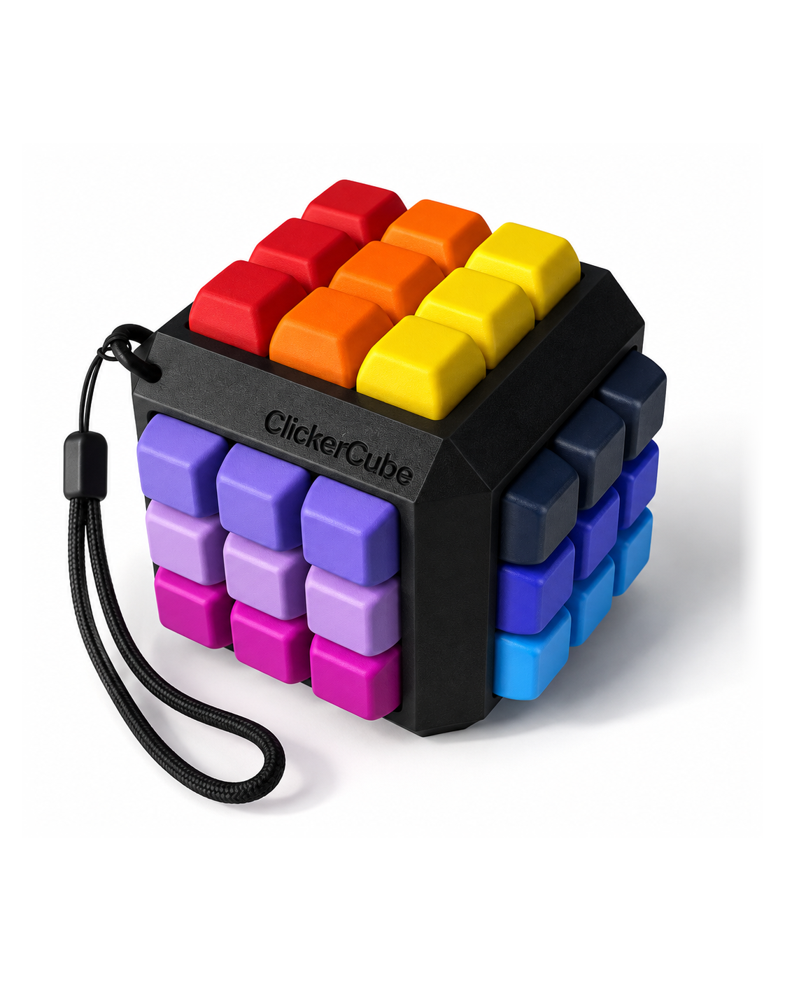 ClickerCube six-sided 3×3 mechanical fidget, 54 colorful keycaps, black printed cube, and black wrist lanyard on white background