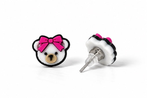 Cheer Bear Pink Bow Stud Earrings printed front and side view