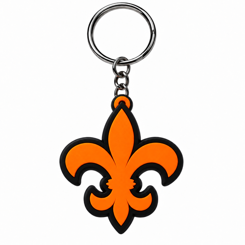 Churchville-Chili Saints Fleur-de-Lis Keychain shown with metal split ring