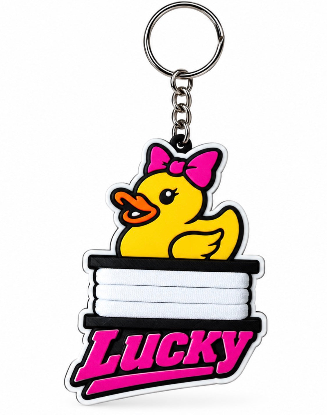 Lucky Duck Megaphone Keychain shown with metal split ring