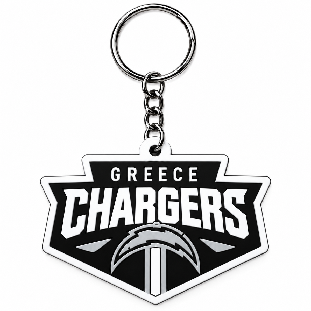 Greece Chargers Silver Keychain shown with metal split ring