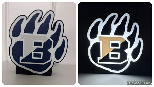 Brighton Bruins B Paw Lightbox unlit on left and lit on right