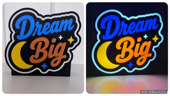 Dream Big Cheer Lightbox illuminated and unlit side-by-side product image