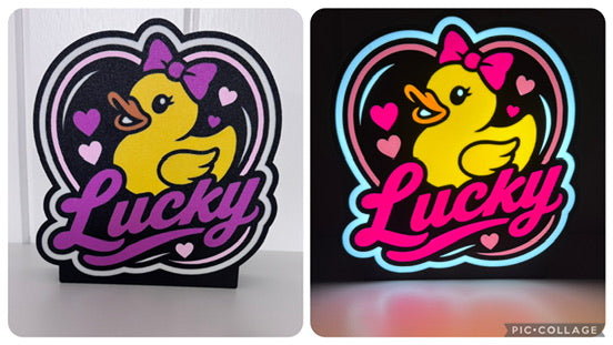 Lucky Duck Hearts Lightbox illuminated and unlit side-by-side product image
