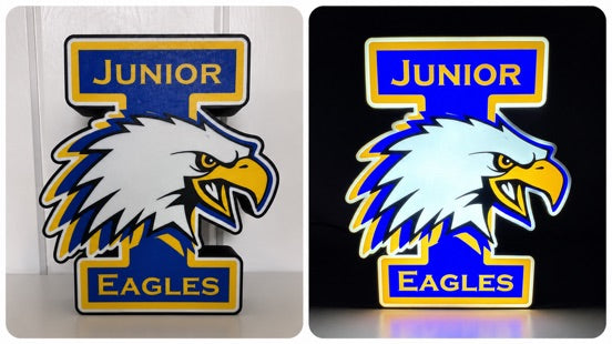 West Irondequoit Jr. Eagles Lightbox unlit on left and lit on right