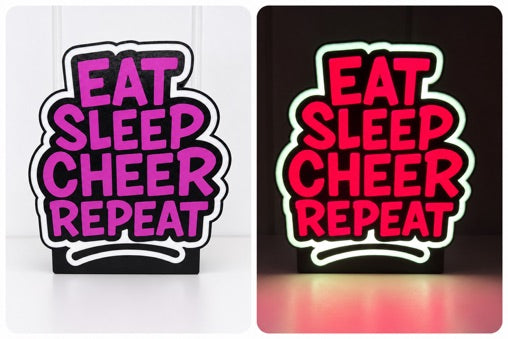 Eat Sleep Cheer Repeat Lightbox illuminated and off comparison