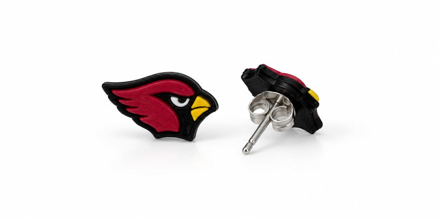 Greece Cardinals Mascot Stud Earrings — 3D-printed earrings, front and side/back views