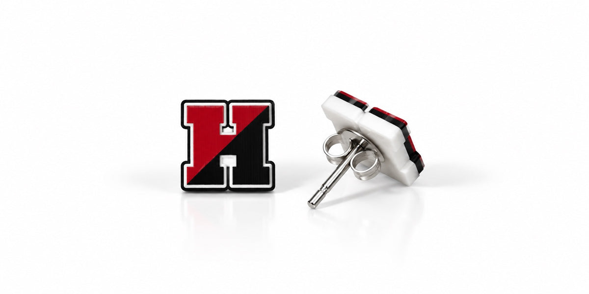 Hilton Cadets red black and white H stud earrings, front and side views