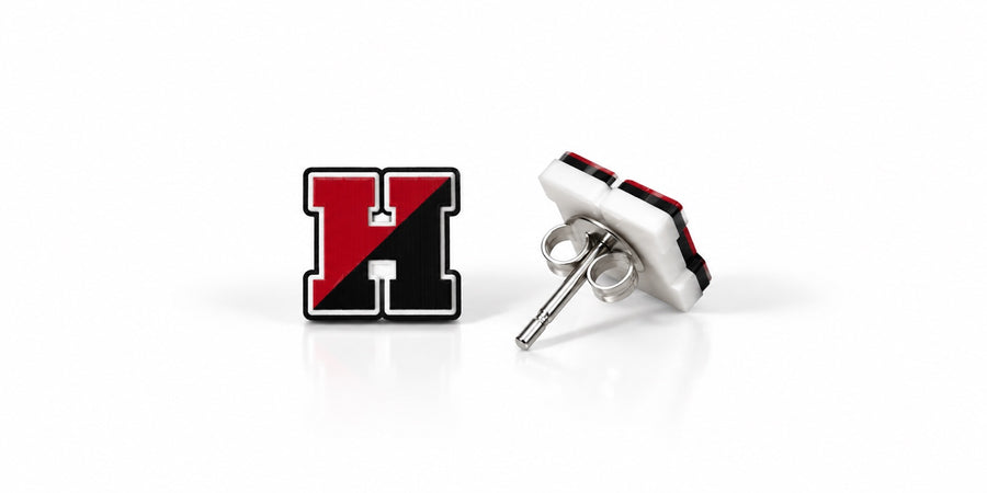 Hilton Cadets red black and white H stud earrings, front and side views