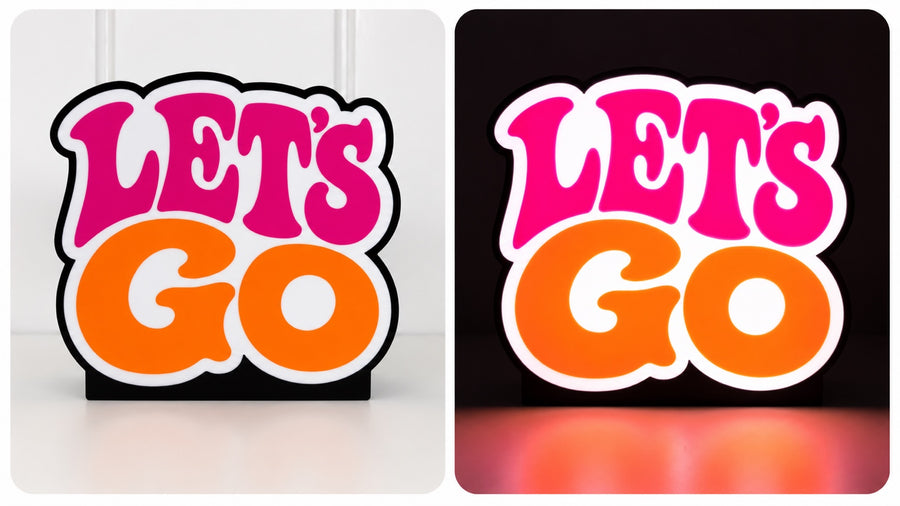 Let's Go cheer lightbox in pink and orange shown unlit and illuminated side by side