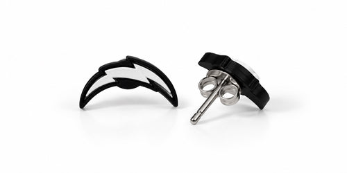 Black and white lightning bolt stud earrings, front and side showing stainless steel post