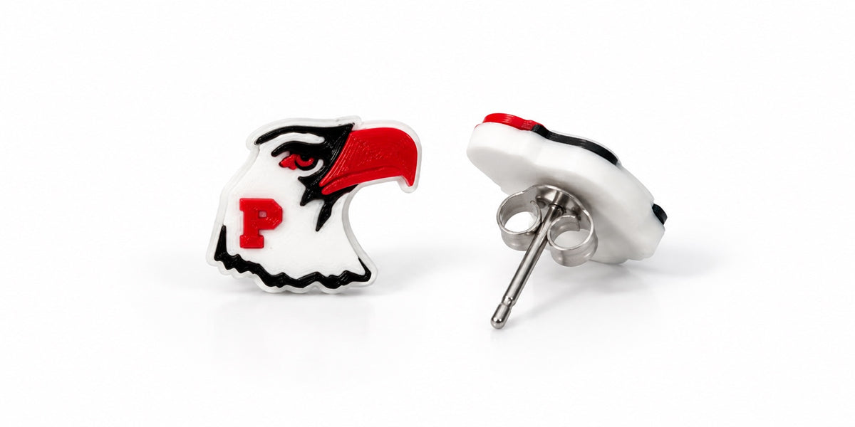 Penfield Patriots Eagle P Stud Earrings — 3D-printed earrings, front and side/back views