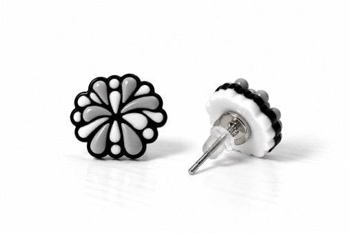 Black & White Pom Pom Stud Earrings 3D printed product photo