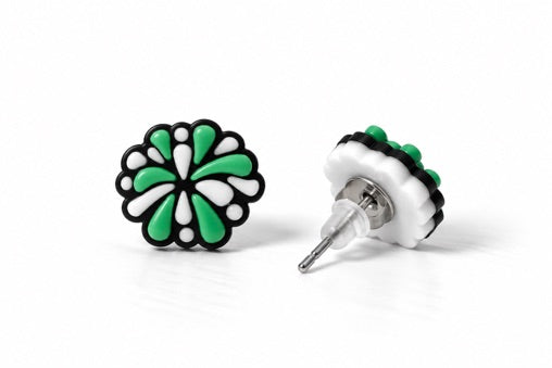 Green & White Pom Pom Stud Earrings original 3D printed FairPlay Creations product photo