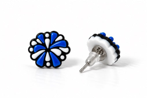 Royal Blue, Black & White Pom Pom Stud Earrings original 3D printed FairPlay Creations product photo