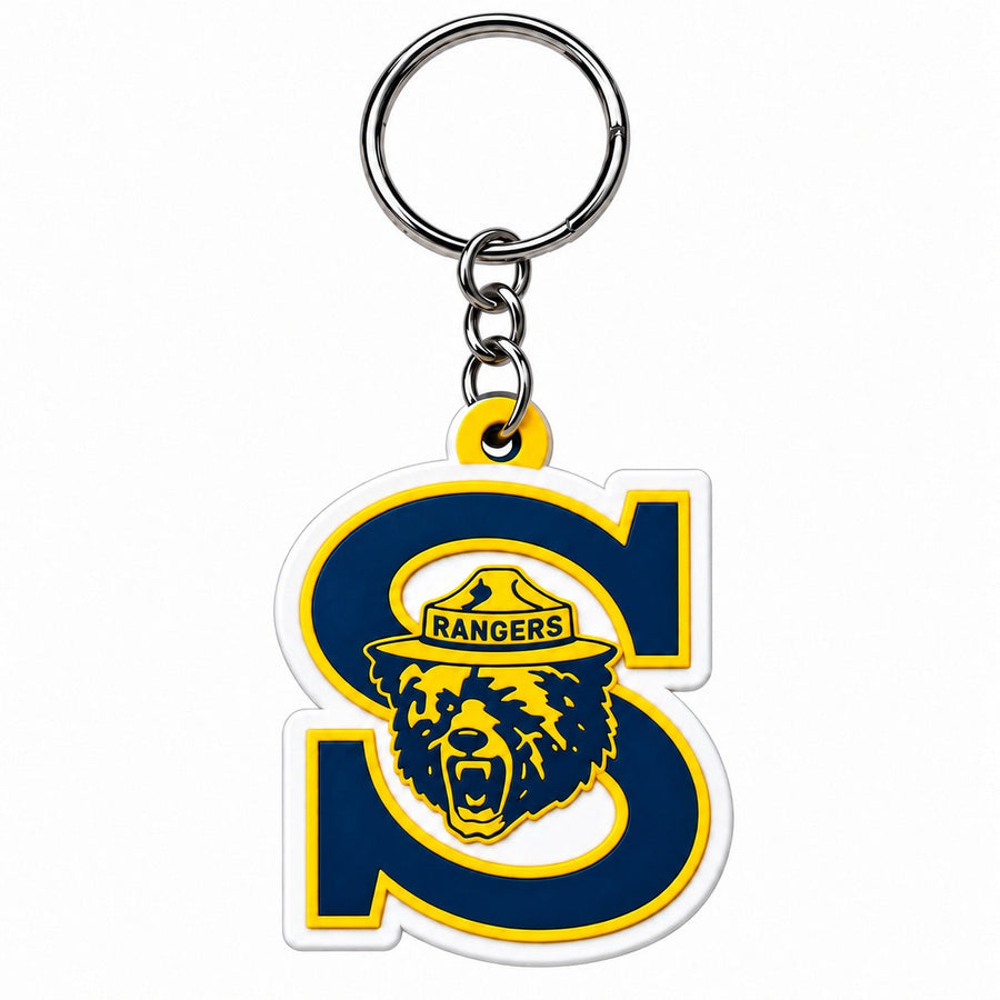 Spencerport Rangers blue and gold S and ranger bear 3D printed keychain