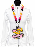Spotter Hype Chain, yellow duck holding a pink heart, on bright multicolor links, displayed on a white jacket