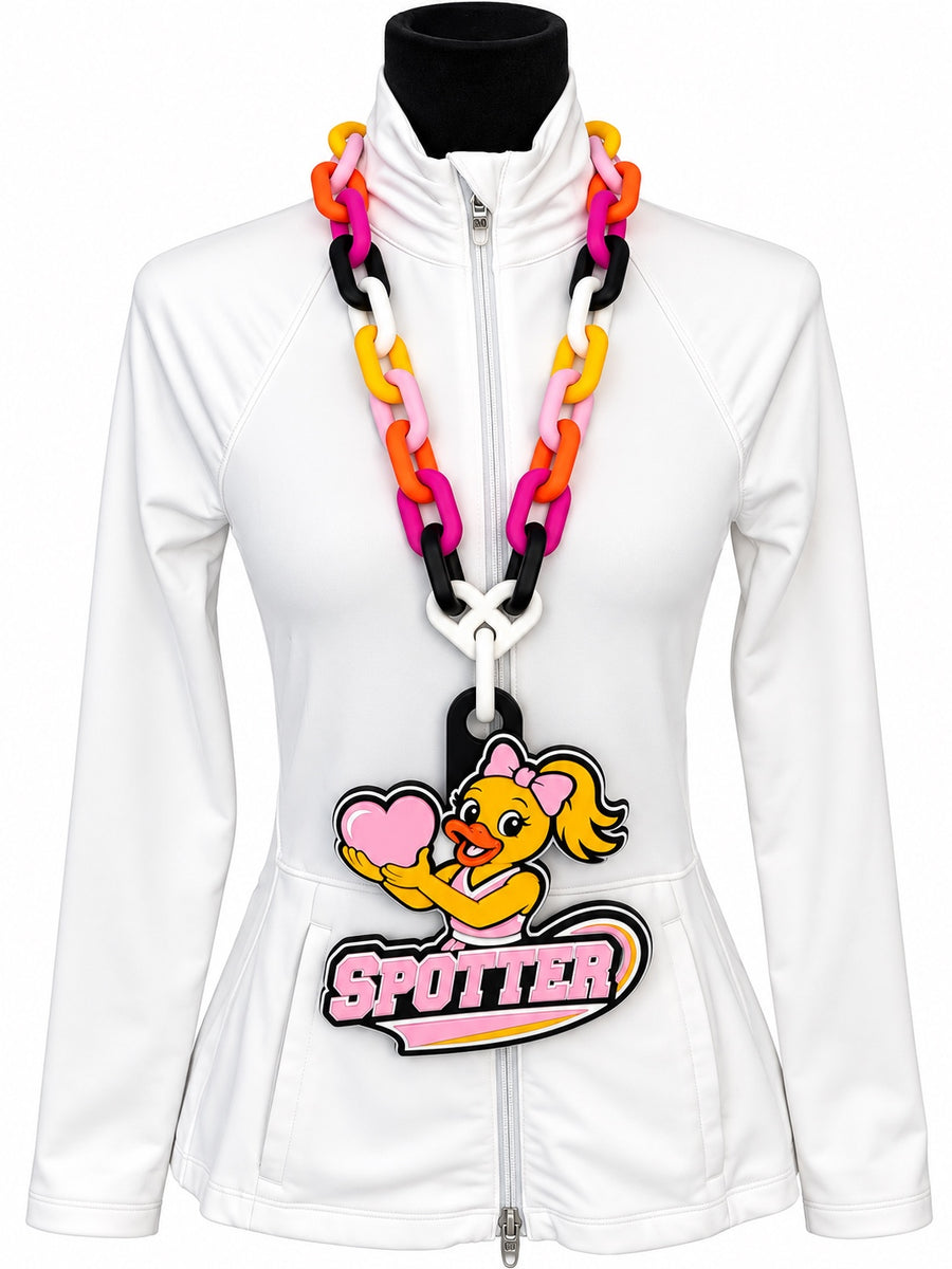 Spotter Hype Chain, yellow duck holding a pink heart, on bright multicolor links, displayed on a white jacket