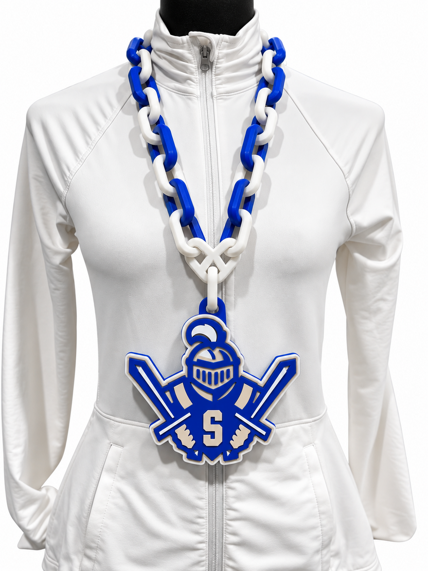 Webster Schroeder Warriors 3D-printed Hype Chain in blue and white, knight helmet and crossed swords pendant