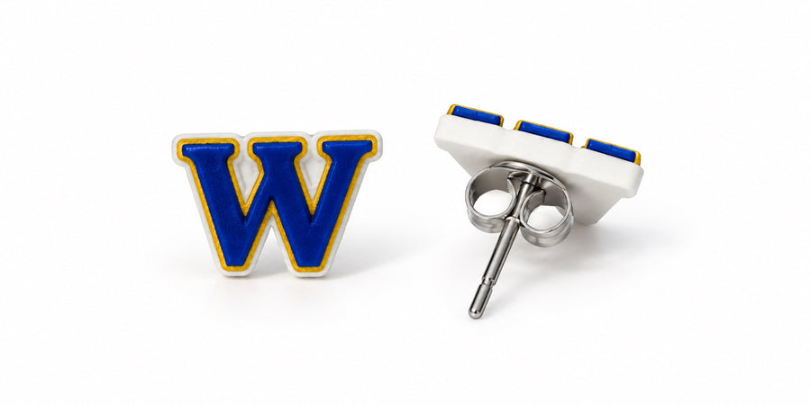 Webster Schroeder Warriors W Stud Earrings – Royal Blue & Gold — front and side views of 3D-printed earrings with stud posts