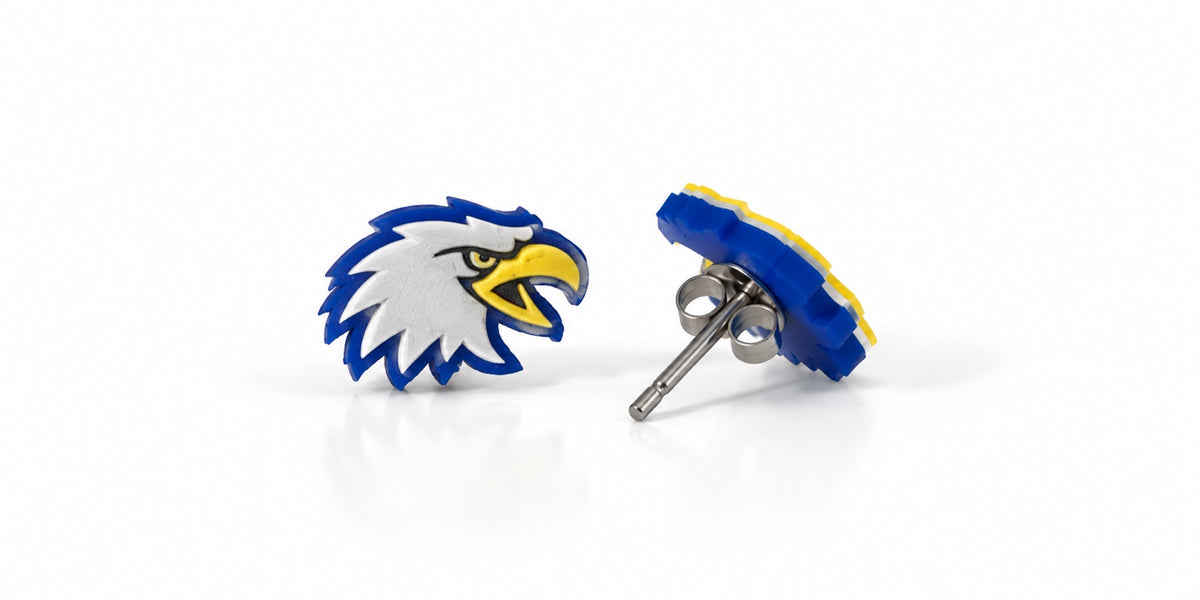 West Irondequoit Eagles blue gold and white mascot stud earrings with stainless steel posts