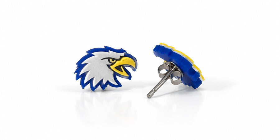 West Irondequoit Eagles blue gold and white mascot stud earrings with stainless steel posts